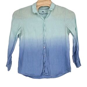 Tommy Bahama Linen Shirt Womens XL Ombre Color Long Sleeve Button Up Top Blue